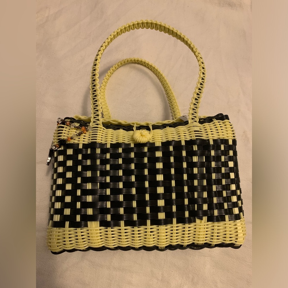 Recycled Handwoven Tote Black/Yellow Bag Medium Summer Lightweight Style Plastic